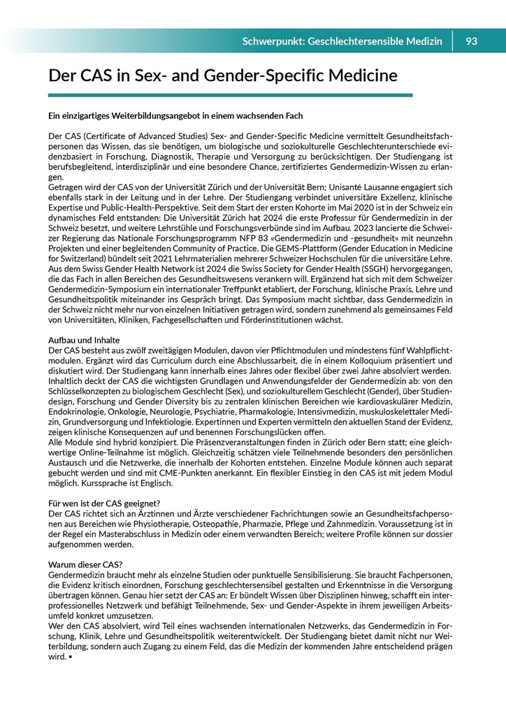 Der CAS in Sex- and Gender-Specific Medicine – Zeitschrift für alle Gesundheitsberufe