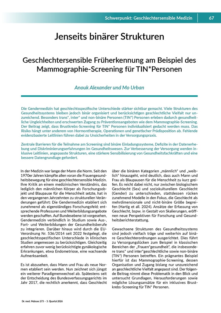 Jenseits binärer Strukturen: Geschlechtersensible Früherkennung am Beispiel des Mammographie-Screenings für TIN*Personen – Zeitschrift für alle Gesundheitsberufe