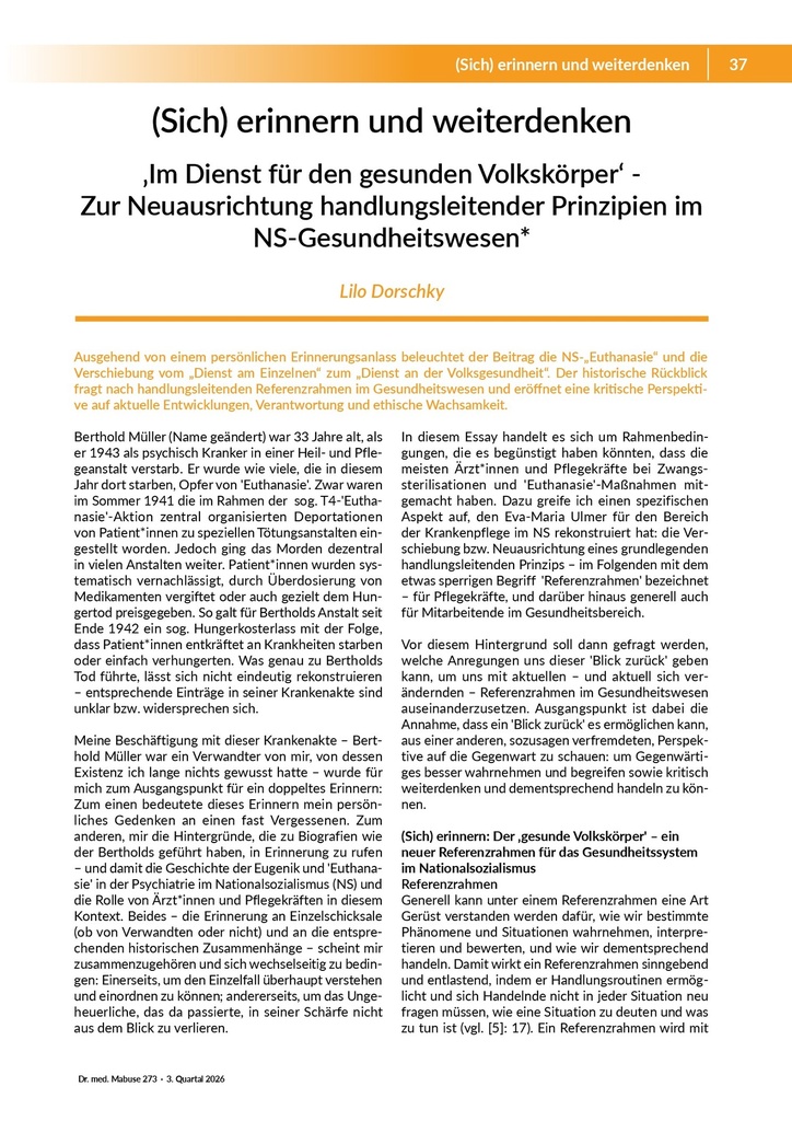 (Sich) erinnern und weiterdenken. Im Dienst für den gesunden Volkskörper – Zur Neuausrichtung handlungsleitender Prinzipien im NS-Gesundheitswesen – Zeitschrift für alle Gesundheitsberufe