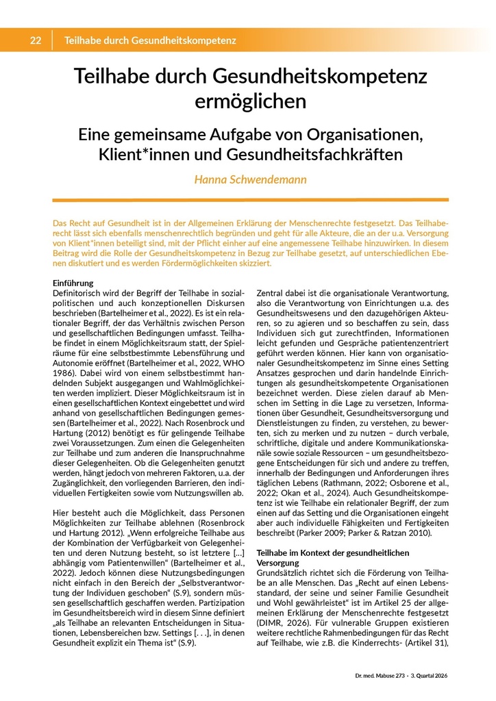 Teilhabe durch Gesundheitskompetenz ermöglichen: Eine gemeinsame Aufgabe von Organisationen, Klient*innen und Gesundheitsfachkräften – Zeitschrift für alle Gesundheitsberufe