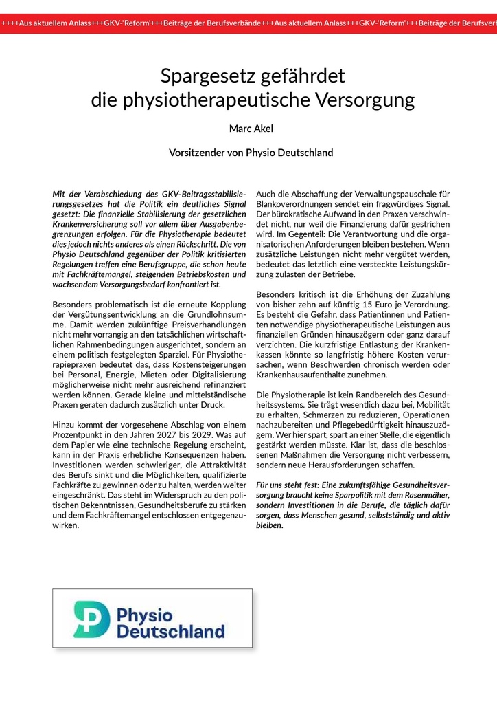 Spargesetz gefährdet die physiotherapeutische Versorgung – Zeitschrift für alle Gesundheitsberufe