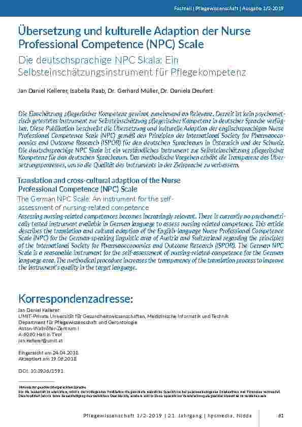 [doc_201744] Übersetzung und kulturelle Adaption der Nurse Professional Competence (NPC) Scale. Die deutschsprachige NPC Skala: Ein Selbsteinschätzungsinstrument für Pflegekompetenz