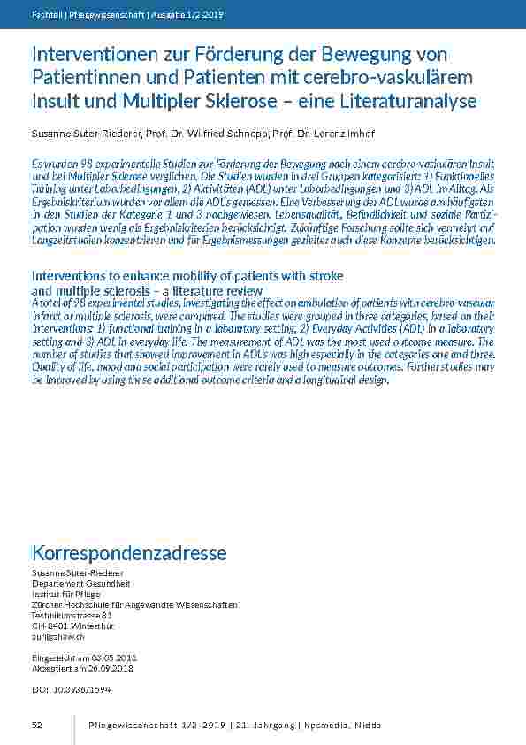[doc_201743] Interventionen zur Förderung der Bewegung von Patientinnen und Patienten mit cerebro-vaskulärem Insult und Multipler Sklerose – eine Literaturanalyse