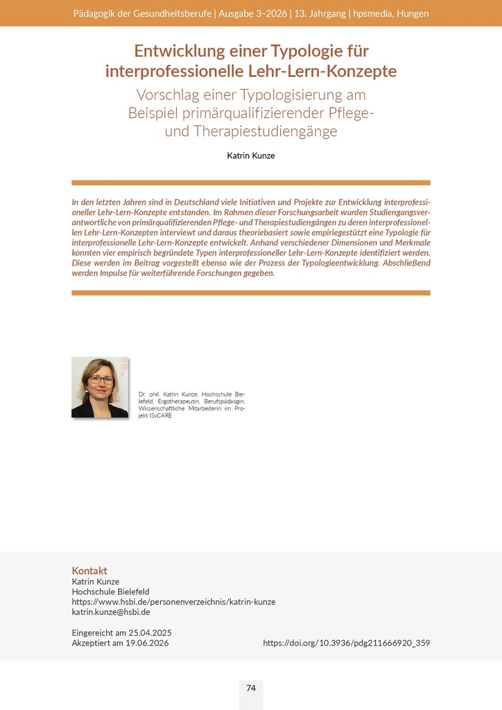 Entwicklung einer Typologie für interprofessionelle Lehr-Lern-Konzepte: Vorschlag einer Typologisierung am Beispiel primärqualifizierender Pflege- und Therapiestudiengänge