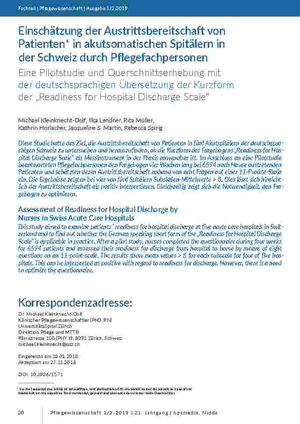 [doc_201740] Einschätzung der Austrittsbereitschaft von Patienten in akutsomatischen Spitälern in der Schweiz durch Pflegefachpersonen. Eine Pilotstudie und Querschnittserhebung mit der deutschsprachigen Übersetzung der Kurzform der „Readiness for Hospital Discharge Scale“