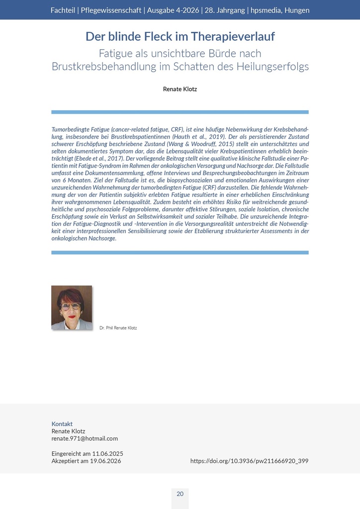 [doc_773557] Der blinde Fleck im Therapieverlauf: Fatigue als unsichtbare Bürde nach Brustkrebsbehandlung im Schatten des Heilungserfolgs