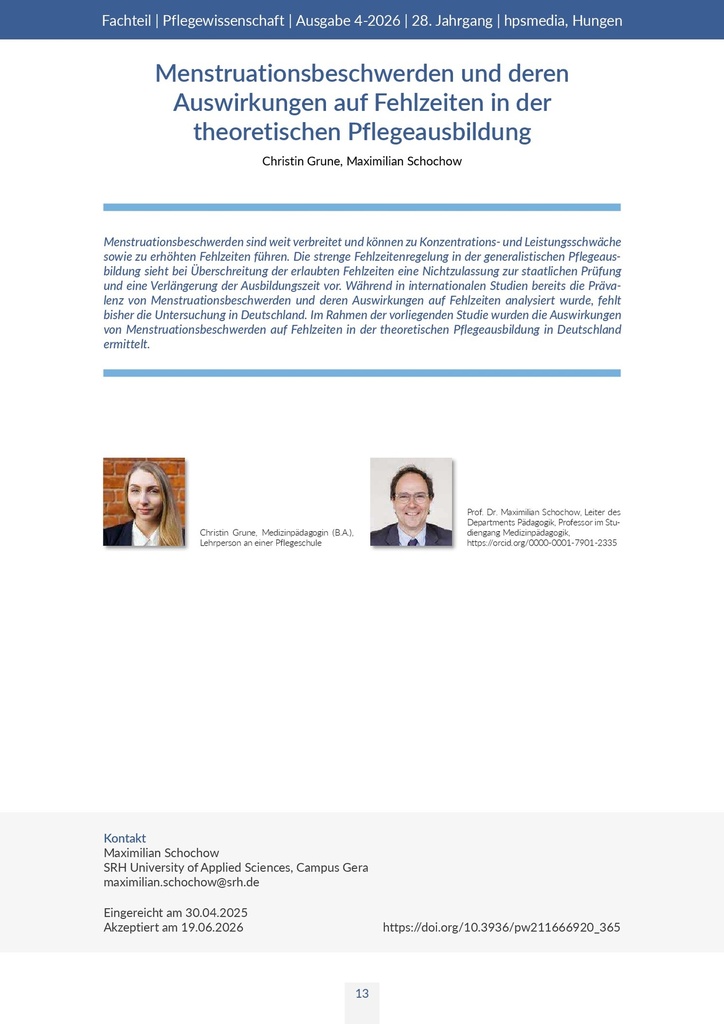 [doc_773556] Menstruationsbeschwerden und deren Auswirkungen auf Fehlzeiten in der theoretischen Pflegeausbildung