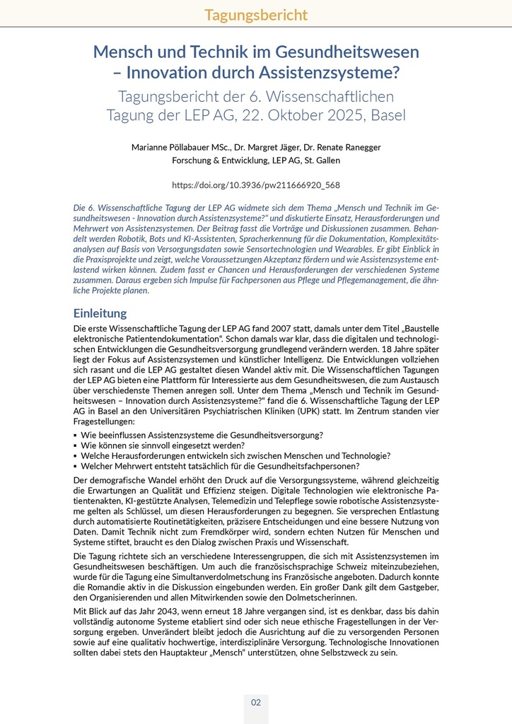 [doc_773555] Mensch und Technik im Gesundheitswesen – Innovation durch Assistenzsysteme? Tagungsbericht der 6. Wissenschaftlichen Tagung der LEP AG, 22. Oktober 2025, Basel