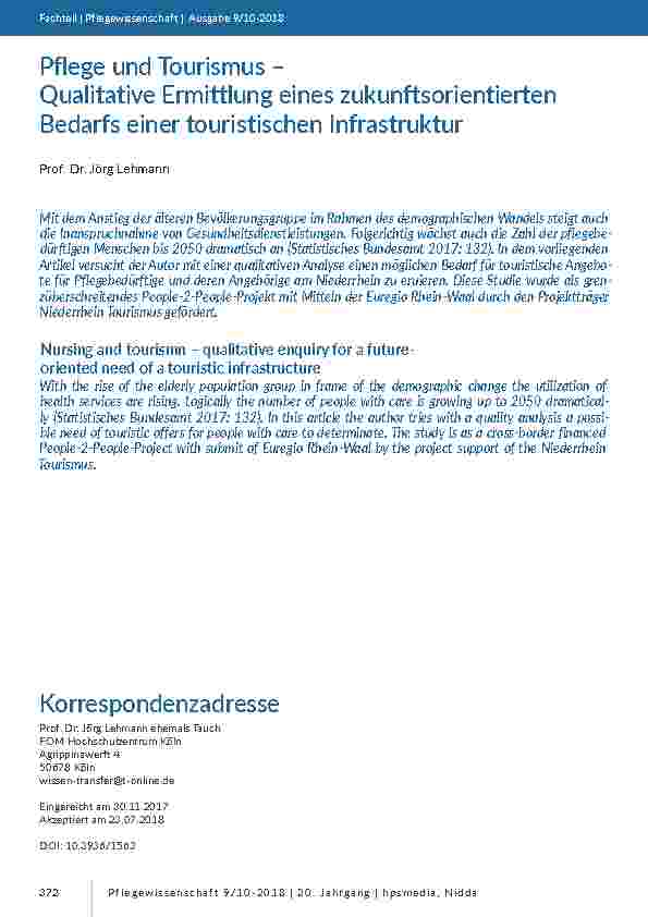 [doc_201711] Pflege und Tourismus – Qualitative Ermittlung eines zukunftsorientierten Bedarfs einer touristischen Infrastruktur