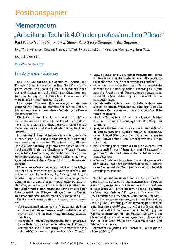 Positionspapier: Memorandum „Arbeit und Technik 4.0 in der professionellen Pflege“