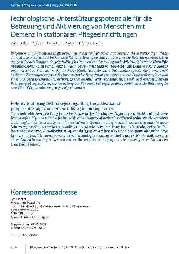 [doc_201682] Technologische Unterstützungspotenziale für die Betreuung und Aktivierung von Menschen mit Demenz in stationären Pflegeeinrichtungen