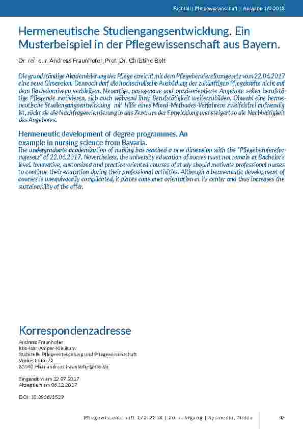 [doc_201657] Hermeneutische Studiengangsentwicklung. Ein Musterbeispiel in der Pflegewissenschaft aus Bayern.