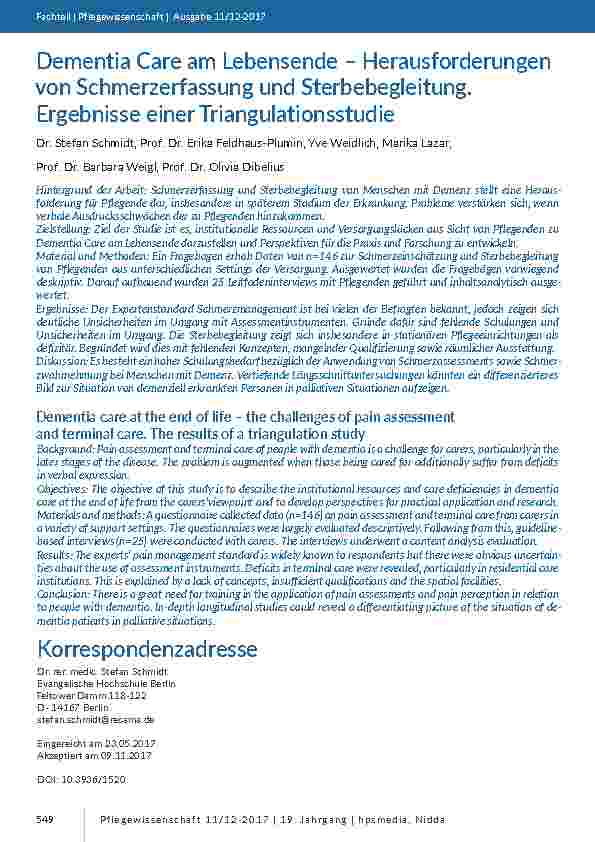[doc_201643] Dementia Care am Lebensende – Herausforderungen von Schmerzerfassung und Sterbebegleitung. Ergebnisse einer Triangulationsstudie