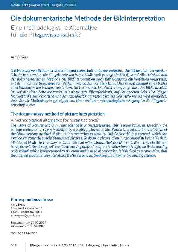 [doc_201617] Die dokumentarische Methode der Bildinterpretation. Eine methodologische Alternative für die Pflegewissenschaft?