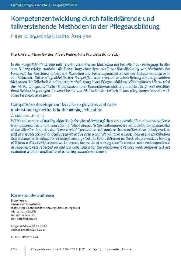[doc_201602] Kompetenzentwicklung durch fallerklärende und fallverstehende Methoden in der Pflegeausbildung. Eine pflegedidaktische Analyse