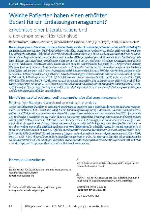 [doc_201574] Welche Patienten haben einen erhöhten Bedarf für ein Entlassungsmanagement? Ergebnisse einer Literaturstudie und einer empirischen Risikoanalyse