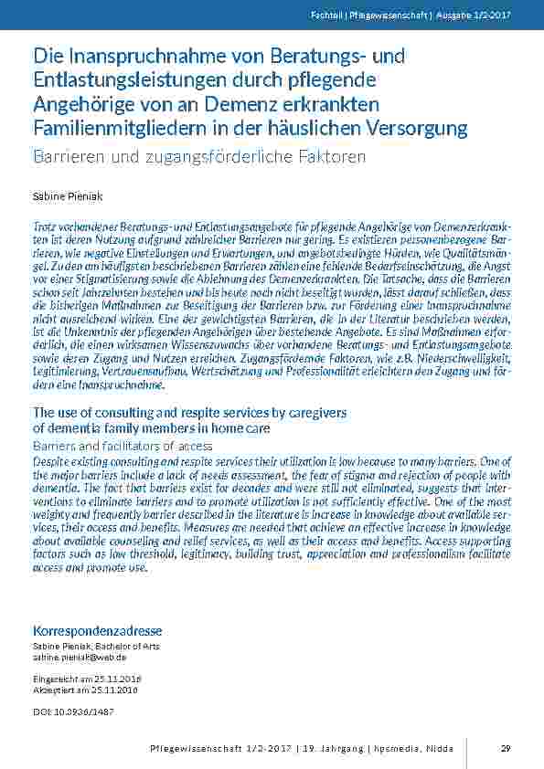 [doc_201568] Die Inanspruchnahme von Beratungsund Entlastungsleistungen durch pflegende Angehörige von an Demenz erkrankten Familienmitgliedern in der häuslichen Versorgung