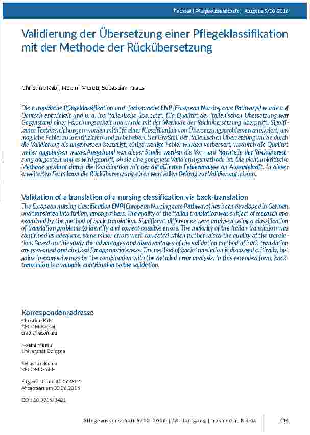 [doc_201536] Validierung der Übersetzung einer Pflegeklassifikation mit der Methode der Rückübersetzung