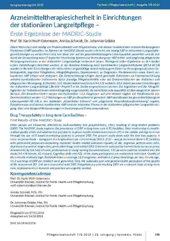 [doc_201523] Arzneimitteltherapiesicherheit in Einrichtungen der stationären Langzeitpflege – Erste Ergebnisse der MADRIC-Studie