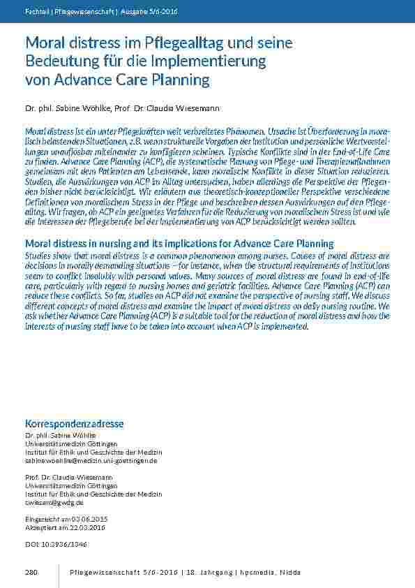 [doc_201504] Moral distress im Pflegealltag und seine Bedeutung für die Implementierung von Advance Care Planning