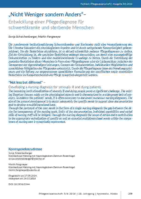 [doc_201502] „Nicht Weniger sondern Anders“ – Entwicklung einer Pflegediagnose für schwerstkranke und sterbende Menschen