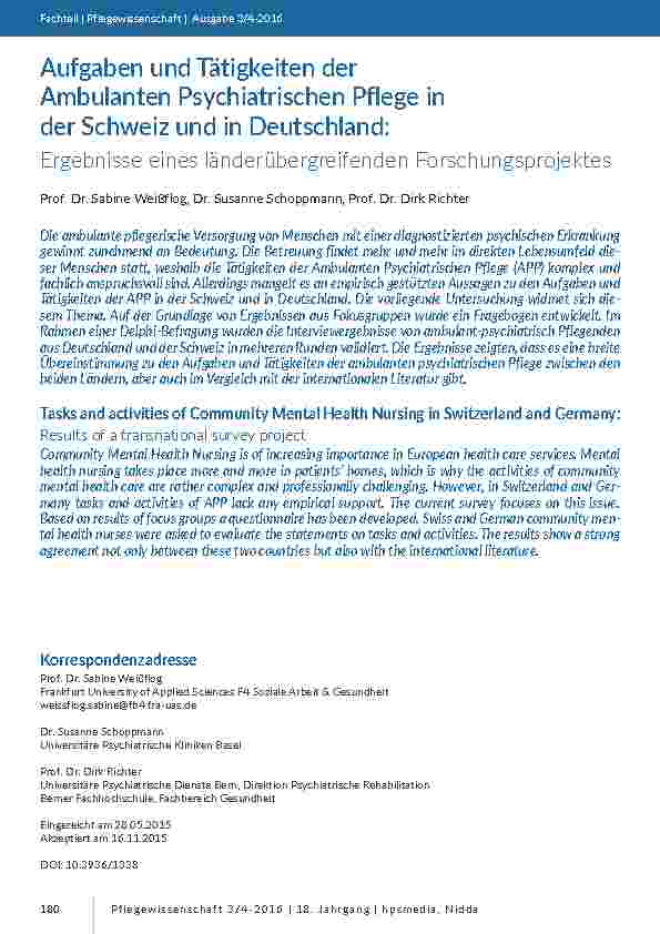 Aufgaben und Tätigkeiten der Ambulanten Psychiatrischen Pflege in der Schweiz und in Deutschland: Ergebnisse eines länderübergreifenden Forschungsprojektes