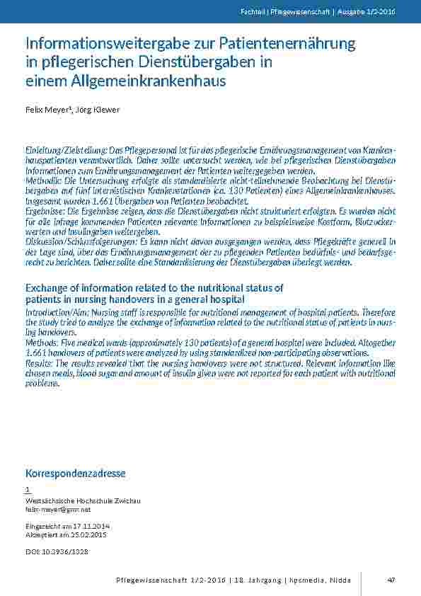 [doc_201470] Informationsweitergabe zur Patientenernährung in pflegerischen Dienstübergaben in einem Allgemeinkrankenhaus