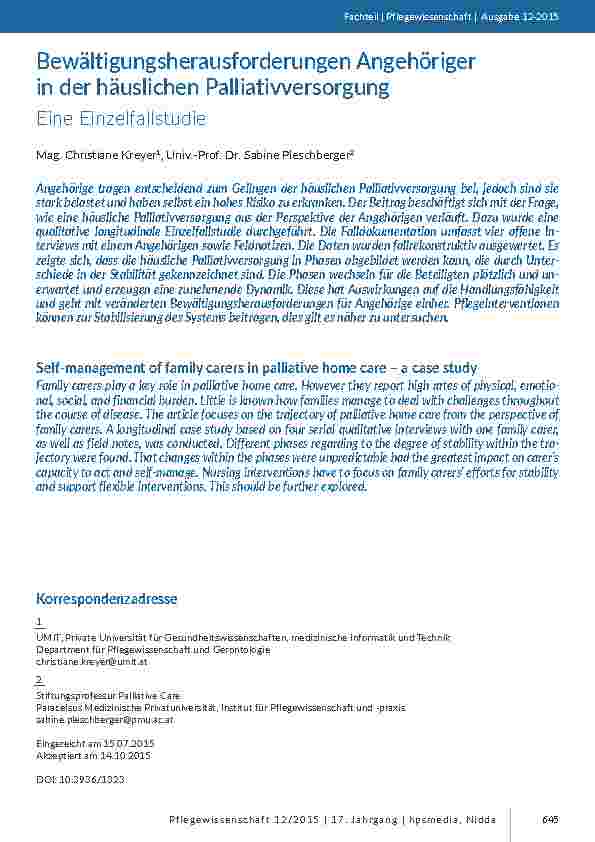 [doc_201457] Bewältigungsherausforderungen Angehöriger in der häuslichen Palliativversorgung. Eine Einzelfallstudie