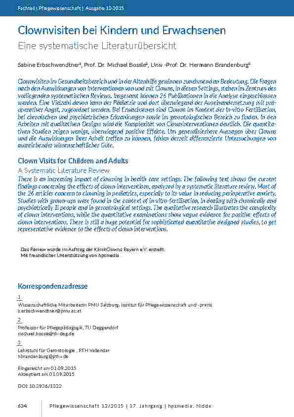 [doc_201456] Clownvisiten bei Kindern und Erwachsenen. Eine systematische Literaturübersicht