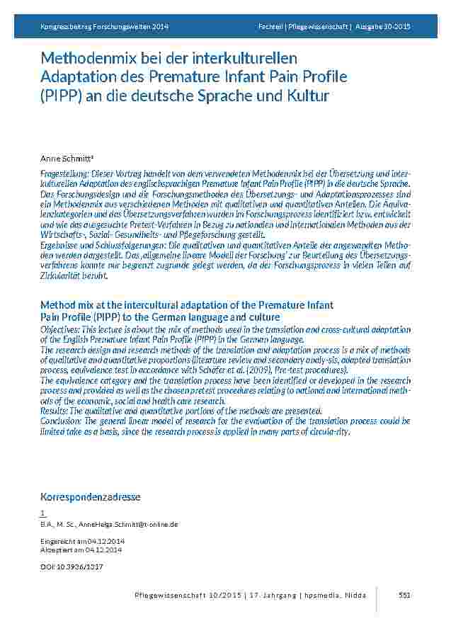 [doc_201440] Methodenmix bei der interkulturellen Adaptation des Premature Infant Pain Profile (PIPP) an die deutsche Sprache und Kultur