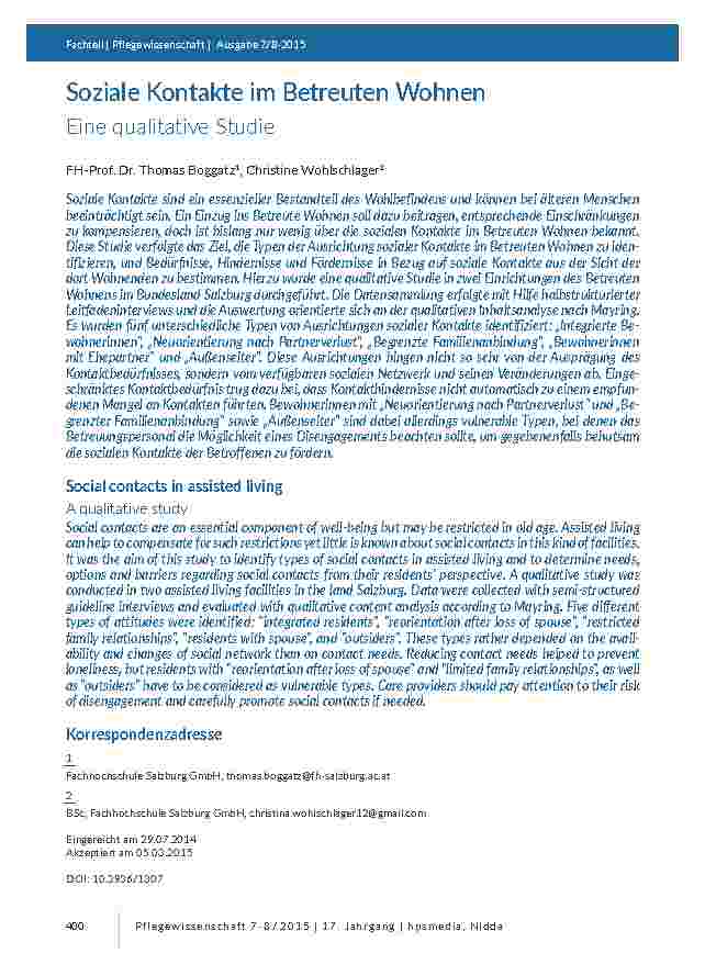 [doc_201418] Soziale Kontakte im Betreuten Wohnen. Eine qualitative Studie