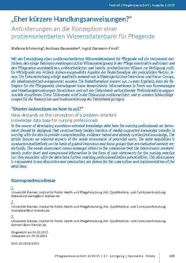 [doc_201407] „Eher kürzere Handlungsanweisungen?“ - Anforderungen an die Konzeption einer problemorientierten Wissensdatenbank für Pflegende