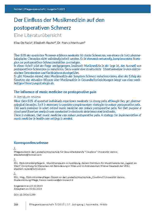 [doc_201401] Der Einfluss der Musikmedizin auf den postoperativen Schmerz. Eine Literaturübersicht