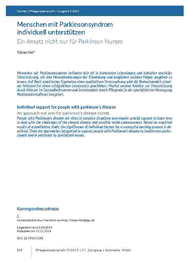 [doc_201400] Menschen mit Parkinsonsyndrom individuell unterstützen. Ein Ansatz nicht nur für Parkinson Nurses