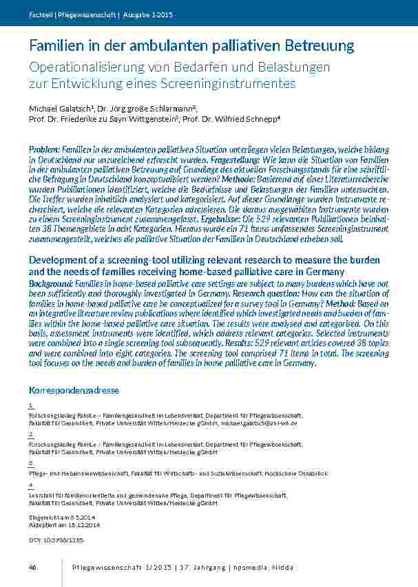 [doc_201387] Familien in der ambulanten palliativen Betreuung. rOperationalisierung von Bedarfen und Belastungen zur Entwicklung eines Screeninginstrumentes.