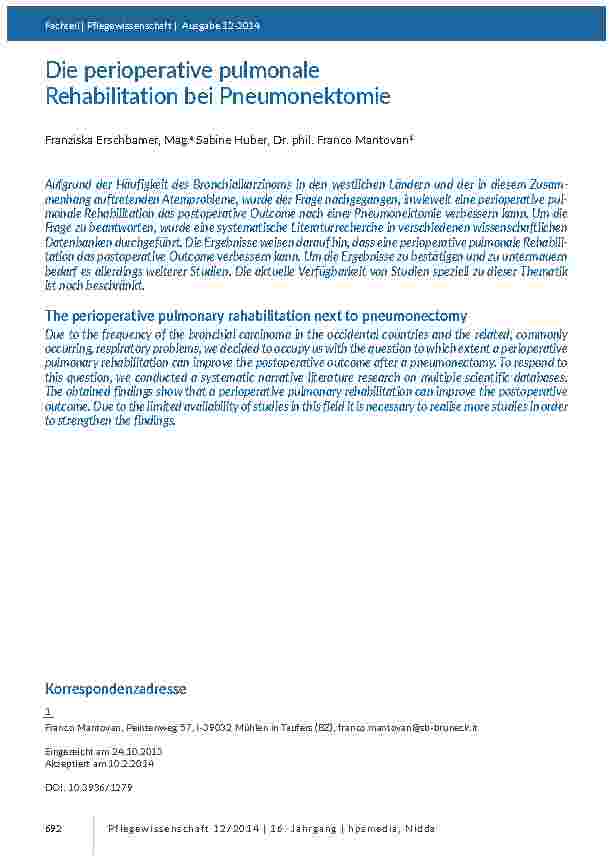 Die perioperative pulmonale Rehabilitation bei Pneumonektomie