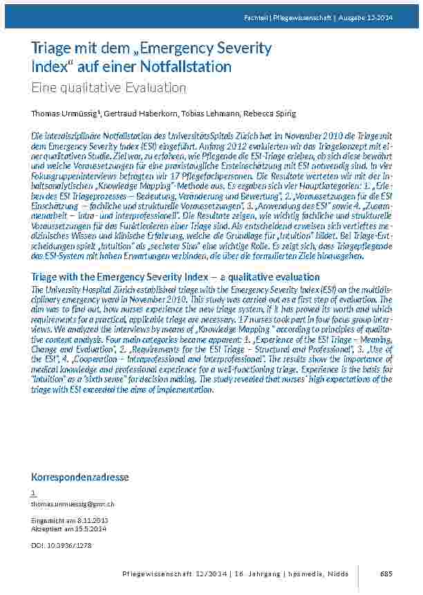 [doc_201381] Triage mit dem „Emergency Severity Index“ auf einer NotfallstationrEine qualitative Evaluation