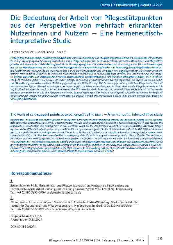 [doc_201373] Die Bedeutung der Arbeit von Pflegestützpunkten aus der Perspektive von mehrfach erkrankten Nutzerinnen und Nutzern — Eine hermeneutischinterpretative Studie