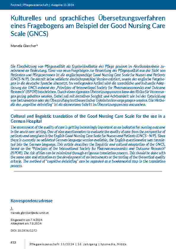 [doc_201371] Kulturelles und sprachliches übersetzungsverfahren eines Fragebogens am Beispiel der Good Nursing Care Scale (GNCS)