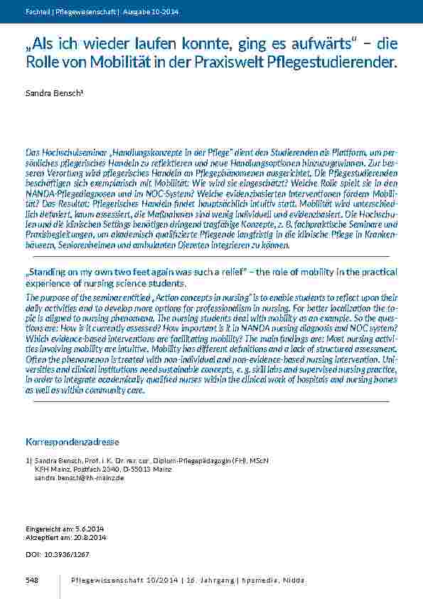 [doc_201366] „Als ich wieder laufen konnte, ging es aufwärts“ - die Rolle von Mobilität in der Praxiswelt Pflegestudierender.