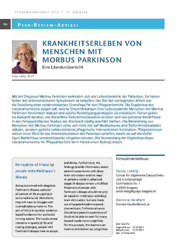 [doc_201353] Krankheitserleben von Menschen mit Morbus Parkinson. Eine Literaturübersicht