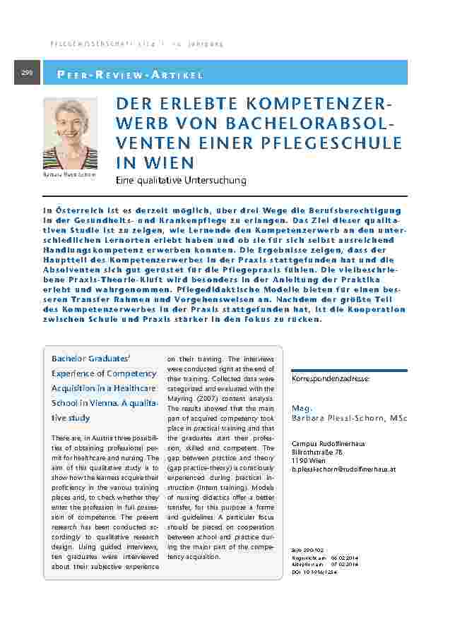 [doc_201347] Der erlebte Kompetenzerwerb von Bachelorabsolventen einer Pflegeschule in Wien. Eine qualitative Untersuchung
