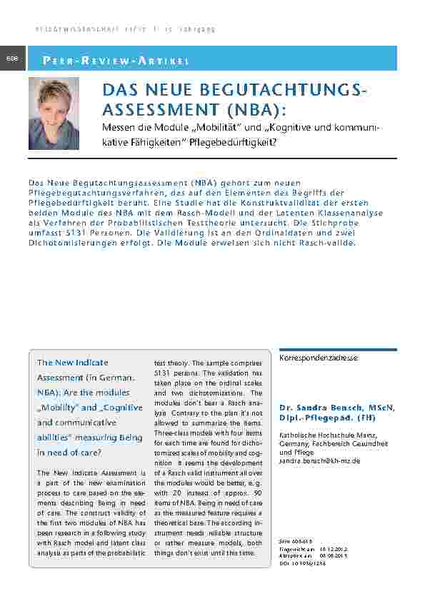 [doc_201322] Das Neue Begutachtungsassessment (NBA): Messen die Module „Mobilität“ und „Kognitive und kommunikative Fähigkeiten“ Pflegebedürftigkeit?